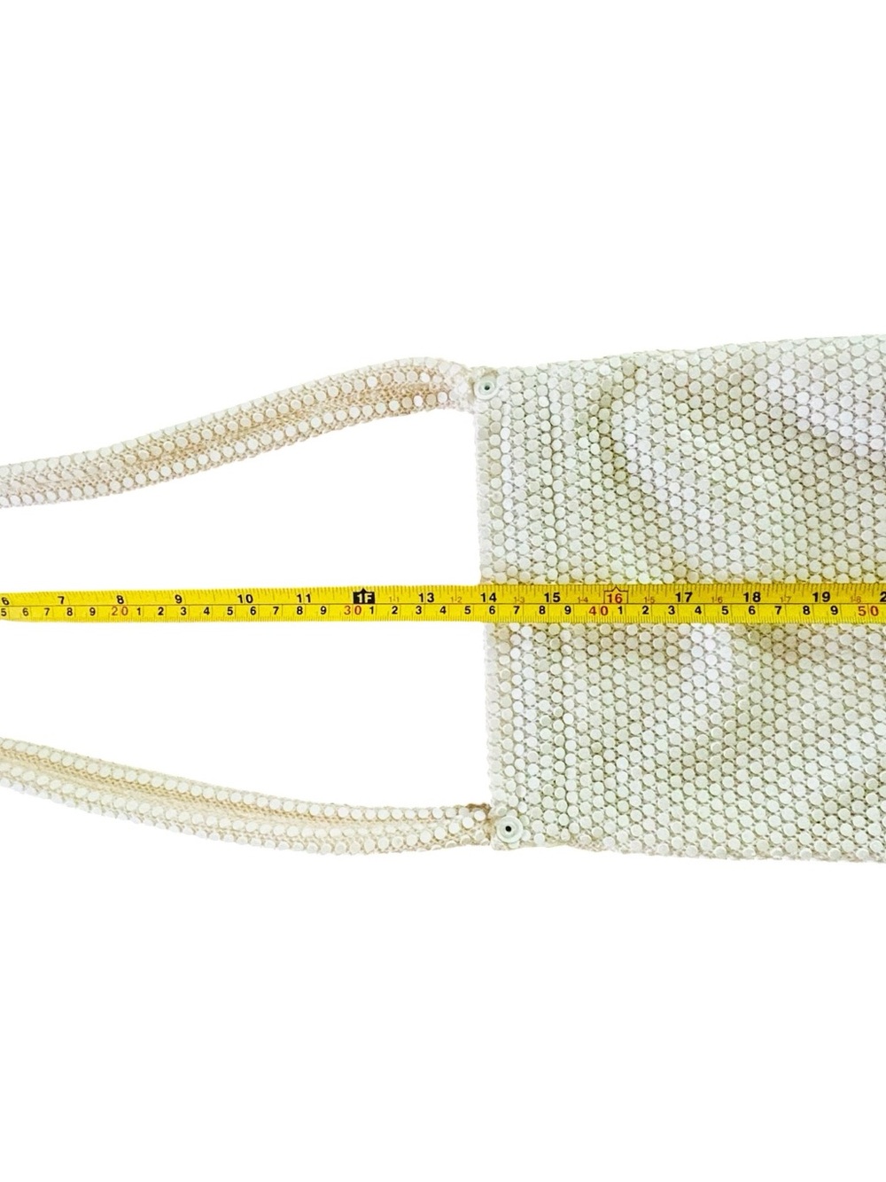 Vintage 1920s Ceramic Flat Bead White Mesh Crossbody Bag with Snap Closure - Picture 9 of 12